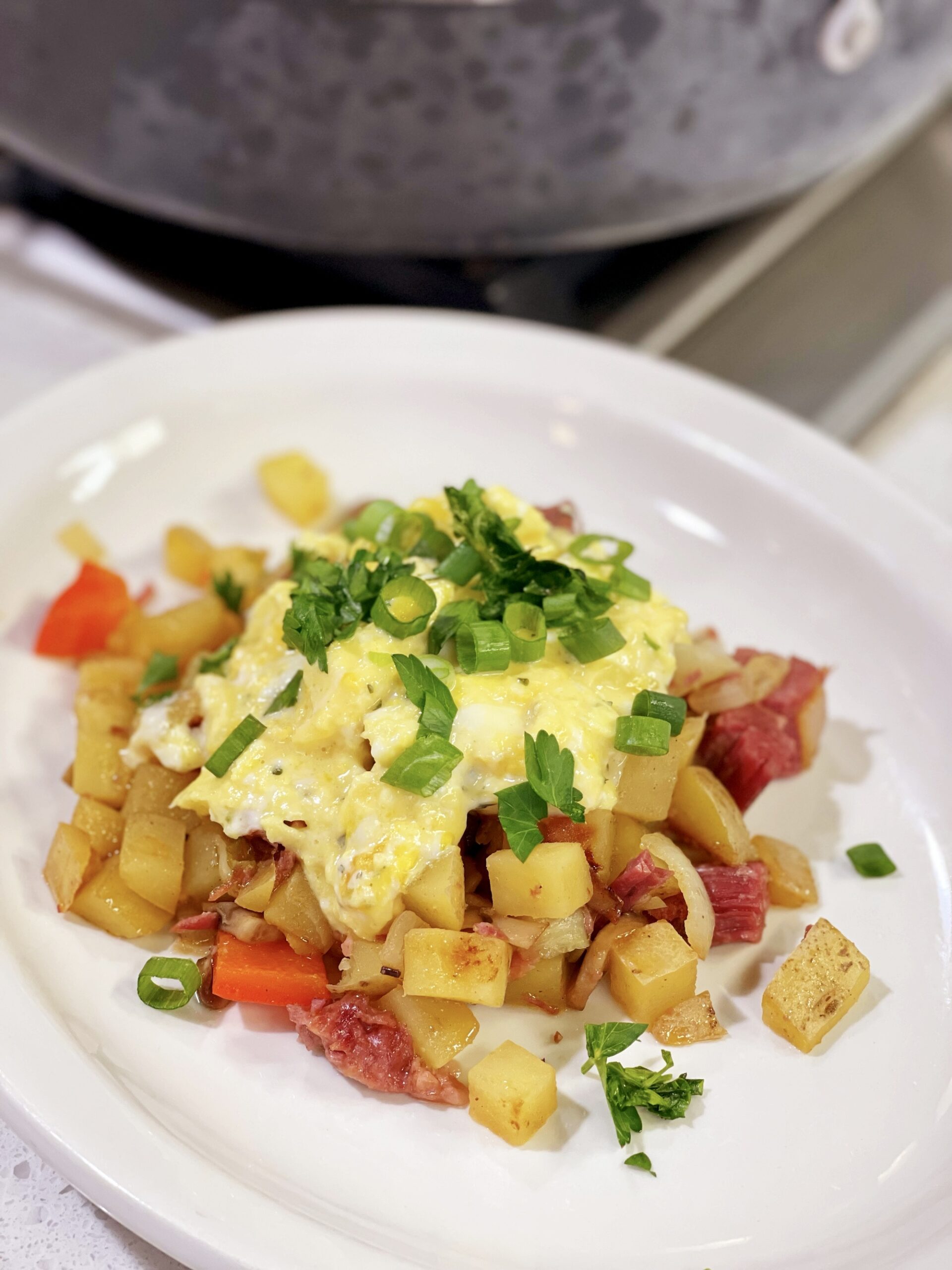 SCRAMBLED EGGS w SWEET POTATO HASH + BACON