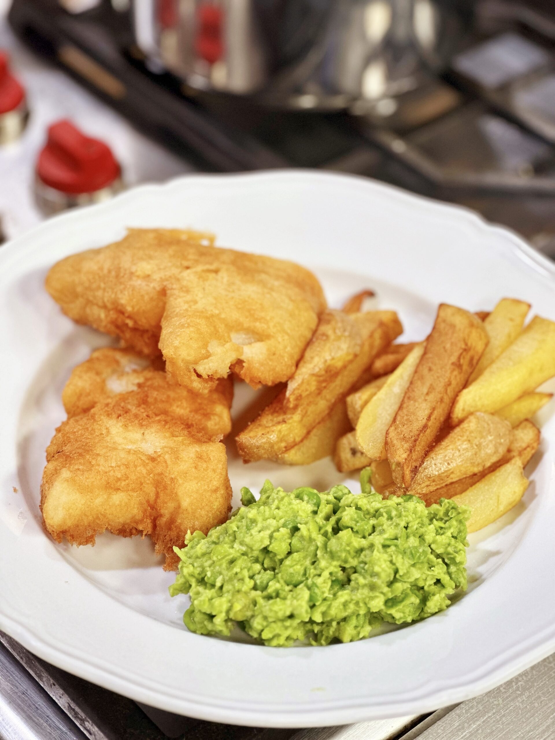 Crispy fish & chips with mushy peas recipe