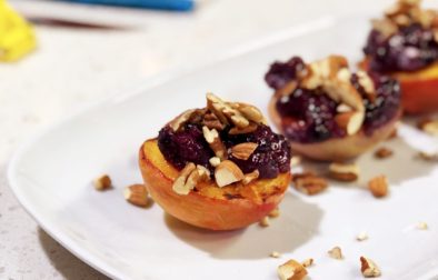 Glazed Peaches, Broiled with Blueberry Compote and Cream Cheese