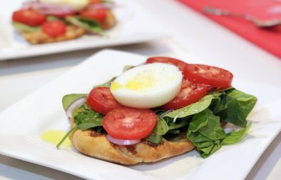 Power Greens, Tomatoes and Poached Egg Flatbread