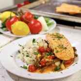 Broiled Salmon with Tomato Relish, Green Beans and Mashed Potatoes