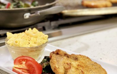 Ranch Bake Pork Chops with Cheesy Macaroni and Wilted Greens