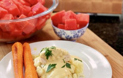 Pan Seared Chicken and Gravy, Mashed Potatoes, Honey Glazed Carrots