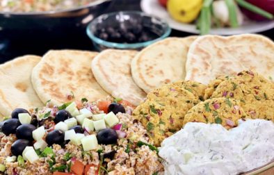 Falafel Patties, Cucumber Sauce, Tabouleh Salad and Pitta Bread