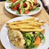 Roasted Chicken Breasts with Vegetables, French Fries and Green Salad