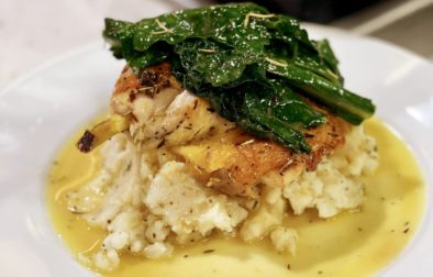 Airline Chicken with Wilted Greens, Mashed Potatoes and Pan Gravy