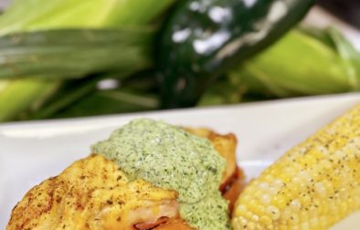 Ham and Cheese Stuffed Grilled Chicken with Aji Verde (Spicy Green Peruvian Sauce)