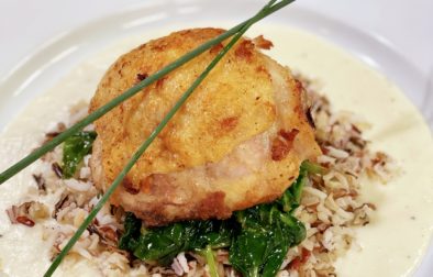 Pan Fried Chicken with Wilted Spinach, Wild Rice with a Soubise Sauce