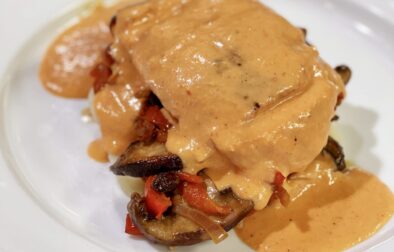 Skillet Chicken with a Roasted Pepper and Mushroom Béchamel Sauce