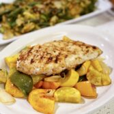 Yogurt Marinated Grilled Chicken Breast with Sautéed Brussel Sprouts and Roasted Vegetables