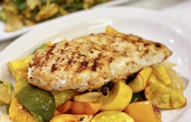 Yogurt Marinated Grilled Chicken Breast with Sautéed Brussel Sprouts and Roasted Vegetables