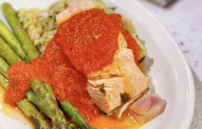 Poached Salmon with Rice Pilaf and Roasted Pepper Coulis