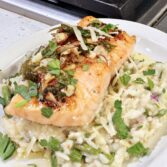 Broiled Salmon with Asparagus Risotto and Flavorful Grenobloise Sauce Recipe
