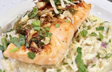 Broiled Salmon with Asparagus Risotto and Flavorful Grenobloise Sauce Recipe