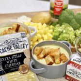 Savor Perfection | White Cheddar Potato Broccoli Soup with Asiago Cheese Croutons