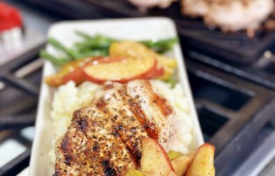 Pan-Fried Pork Chops and Apples with Mashed Potatoes and Green Beans