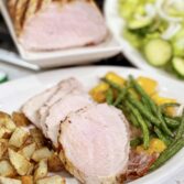 Pork Loin with Sautéed Green Beans and Bell Peppers, Roasted Potatoes, and Fresh Lettuce Salad