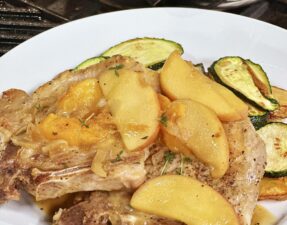 Pan-Seared Pork Chops with Mustard Apple and Peach Pan Sauce