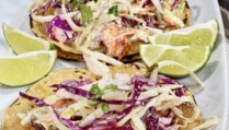 Blackened Salmon Tacos with Pickled Jalapeño Coleslaw