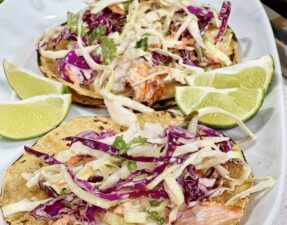 Blackened Salmon Tacos with Pickled Jalapeño Coleslaw