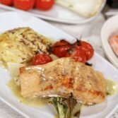 Roasted Salmon with Creamy Lemon Sauce, Cabbage Steaks, and Blistered Tomatoes