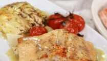 Roasted Salmon with Creamy Lemon Sauce, Cabbage Steaks, and Blistered Tomatoes