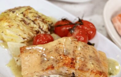 Roasted Salmon with Creamy Lemon Sauce, Cabbage Steaks, and Blistered Tomatoes