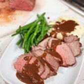 Garlic and Tri-Pepper Crusted Roast with Balsamic Sauce