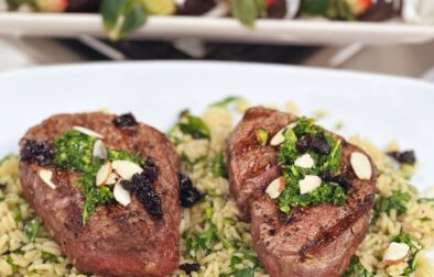 Two Steppin’ Tenderloin: Juicy Beef Steaks with Spinach-Almond Pesto and Cherry Brown Rice