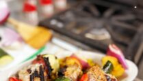Grilled Peach and Pork Skewers with Corn Salsa