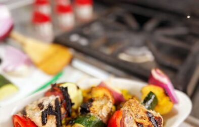 Grilled Peach and Pork Skewers with Corn Salsa