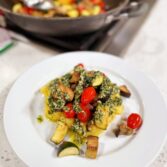 Creamy Pesto Polenta with Sautéed Zucchini and Heirloom Tomatoes