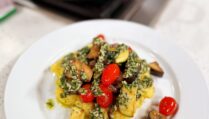 Creamy Pesto Polenta with Sautéed Zucchini and Heirloom Tomatoes