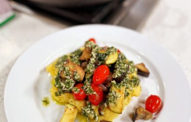 Creamy Pesto Polenta with Sautéed Zucchini and Heirloom Tomatoes