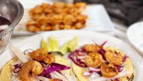 Grilled Shrimp Tacos with Mango-Jicama Slaw and Cilantro Lime Crema