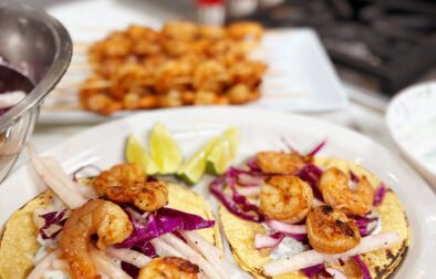 Grilled Shrimp Tacos with Mango-Jicama Slaw and Cilantro Lime Crema