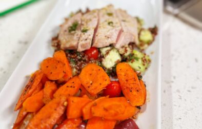 Lemon Herb Baked Pork Chops with Quinoa Tabbouleh and Roasted Carrots