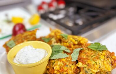 Summer Corn and Zucchini Fritters with Basil Yogurt Sauce